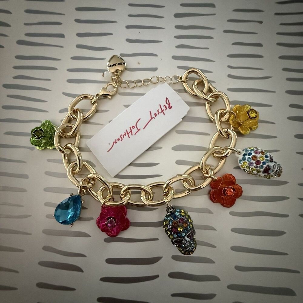 Betsey Johnson Bracelet Halloween Flower & Sugar Skull Charms Multi Color NWT